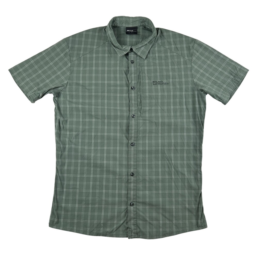 Jack Wolfskin Shirt Mens Large Green Plaid Short Sleeve Button Up Outdoor Trail